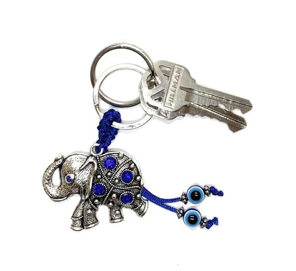 Porte-clés Longes L Lucky Elephant Porte-clés avec cristaux bleus et pompon suspendu mauvais œil, signe de bonne chance, bénédiction, clés de maison, bureau B Amovk