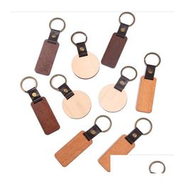 Porte-clés longes en cuir hêtre sculpture sur bois porte-clés bricolage gravé porte-clés porte-clés pour anniversaire ou cadeau d'anniversaire Drop Deliv Dhsne