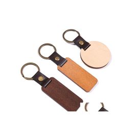 Keychains Lanyards Leather Beech Wood Carving Diy gegraveerde sleutelhanger Key Rings For Men Women Birthday Party Anniversary Gift Drop D DHBKB