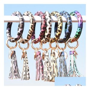 Keychains Lonyards Enveloppe en cuir Bracelets Bracelets Keynchain Custom Wristlet Bracelet Tassel Leopard Imprim￩ bracelent Round Bangle Key DHQ19