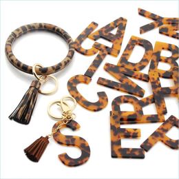 Keychains Lanyards Leopard Acetaat Initi￫le sleutelhanger Goudlederen Leer Keyring Bracelet Classic Pendant Alfabet Resin Keyrings GI DHVR5