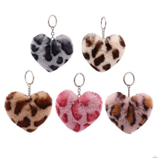 Porte-clés longes léopard en peluche porte-clés pendentif créatif en forme de coeur boule porte-clés dames sac décoration porte-clés livraison directe Dhmxh