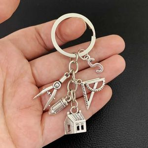 Keychains Lanyards Letter A-Z Nieuwe huis Key Ring Compass Ruler Keychain Real Estate Architect Keychain Engineering Engineering Student Tekening geschenken.Y2405106emo