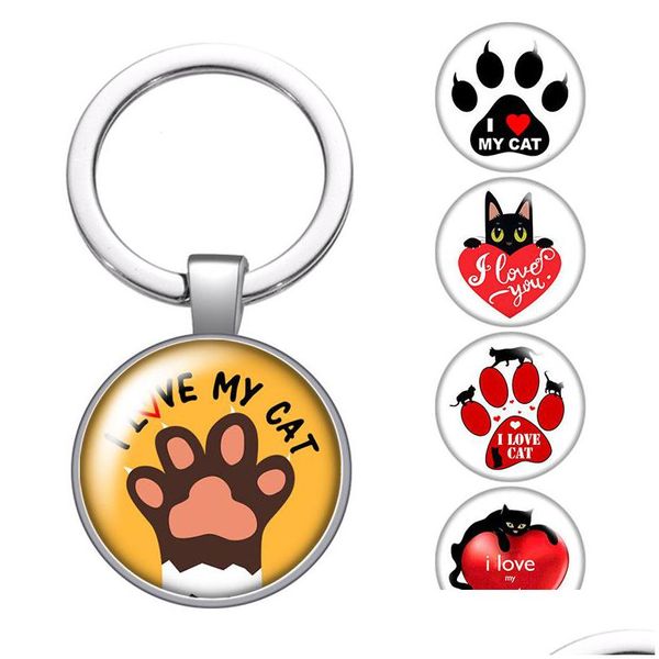 Porte-clés Longes Amour Chat Belle Empreinte D'animal De Compagnie Cadeau Verre Cabochon Porte-clés Sac De Voiture Porte-clés Anneau Titulaire Sier Plaqué Hommes Femmes Gi Dhycr