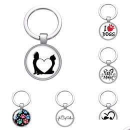 Porte-clés Longes Amour Chat Empreintes D'animaux Chiens Verre Cabochon Porte-clés Sac Porte-clés De Voiture Anneau Titulaire Charmes Sier Couleur Pour Les Femmes Gi Dhvjl