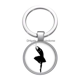 Sleutelhangers Lanyards Liefde Dansen Dans Meisje Ballet Schoonheid Glas Cabochon Sleutelhanger Tas Autosleutel Ringen Houder Sier Vergulde kettingen Heren Wom Dhnde