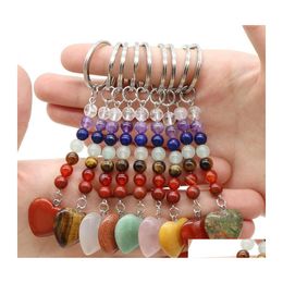 Keychains Lanyards Love Heart Stone Key ringen 7 kleuren chakra kralen kettingen charmes genezende kristallen sleutelhangers voor vrouwen mannen drop deli dhulj