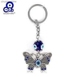 Keychains Lanyards Lucky Eye Alloy Butterfly Keychain Glass Turkse Evil Eye Kraal Key Chain Bag Car Keyring Jewelry Llavero Porte Cl Y240417