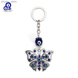 Keychains Lanyards Lucky Eye Alloy Butterfly Pendant Kelempe Blue Turkish Evil Eye Bead Clead Chain Chain Sac Car Keyring Llavero Porte CL Y240417