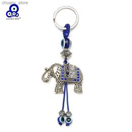Keychains Lanyards Lucky Eye Alloy Elephant Keychain Blue Turkish Evil Bead Chain Cadena Mujeres Menores Men Bag Keyring Llavero Porte Cl Y240417