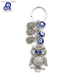 Keychains Lanyards Lucky Eye Alloy Owl Tassel Keychain Blue Turkse Evil Eye Kraal Key Chain Holder Bag Car Keyring Llavero Porte Cl Y240417