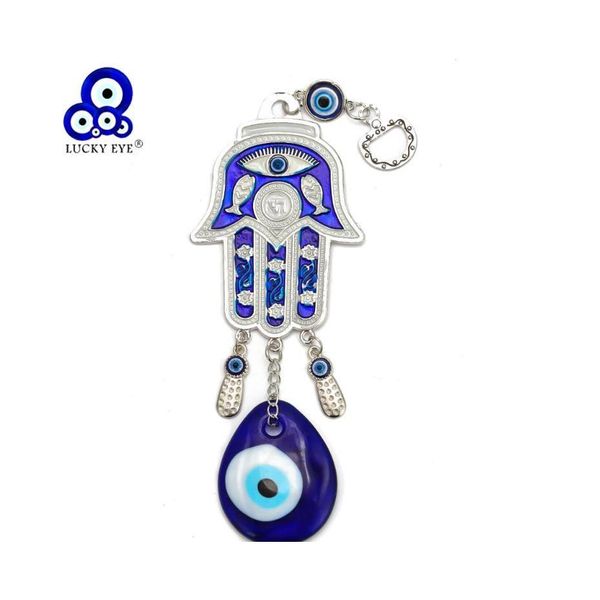 Llaveros Lanyards Lucky Eye Hamsa Glass Evil Charm Llavero Sier Color Car Keyring Llavero Colgante de pared Joyas para mujeres Hombres E Dhy2L