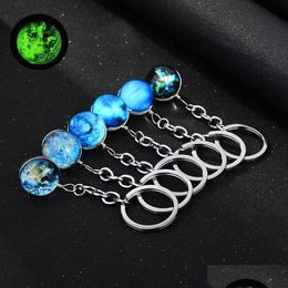 Keychains Lanyards Luminous Glow in the Dark Keychain Galaxy Universe Glass Ball Cabochon Car Bag Key Rings Creative Keyrings Jood Dhvnr