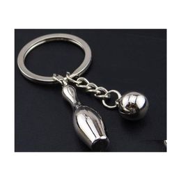 Llaveros Lanyards Mini Bowling Key Ring Llavero de metal de recuerdo de alta calidad Llavero de bola de encanto creativo Keyfobs Colgante de coche Parte DHLMV