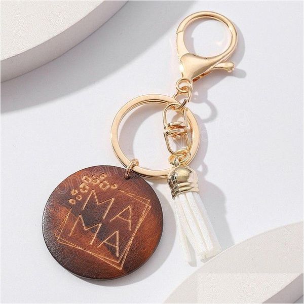 Porte-clés Longes Cadeau Fête Des Mères Porte-clés En Bois Rond Tag Pendentif Mama Lettre Gland Porte-clés Pour Maman Sacs À Main Sac De Voiture Charmes Clé H Dhpfg