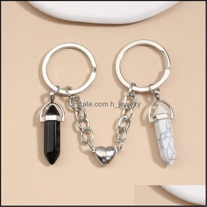 Keychains Lanyards Natural Crystal Quartz Stone Key Ring Love Heart Magnetic Button for Couple Friend Gifts Diy Handmade Jewelry K DHNCG