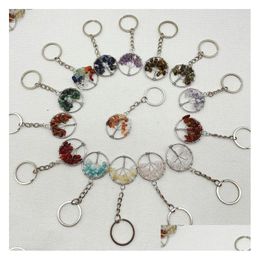 Sleutelhangers Lanyards Natuurlijke Edelsteen Kristal Kwarts Fluoriet Levensboom Sleutelhangers Lapis Amethist 7 Chakra 30Mm Hanger K Dhgarden Dhayk