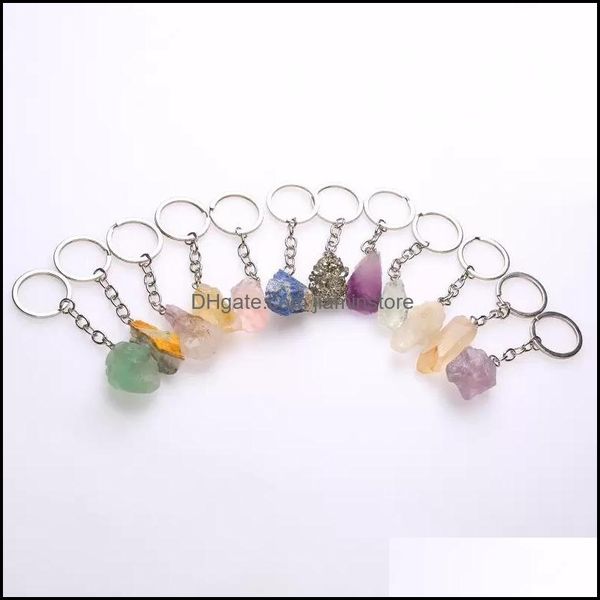 Porte-clés Longes Minerai Naturel Pierre Porte-clés Gemme Quartz Fluorite Porte-clés Citrine Lapis Lazi Améthyste Irregar Chaîne Pendentifs Voiture Dhtj3