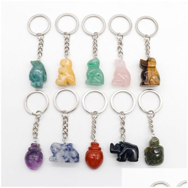 Llaveros Cordones Piedra natural 1 pulgada Tallado Animal Llaveros Perro Gato Dinosaurio Tortuga Curación Cristal Decoración del coche Llavero Keyhol Dhgwa