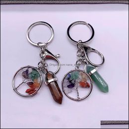 Keychains lanyards natuursteen zeshoekige prism quartz sleutelhanger colorf grindboom van het leven sleutelring voor vrouwen mannen handtas hangle dhxmf