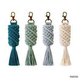 Keychains Lanyards Nieuwe touw Knoop Handgeweven sleutelhanger vrouwelijke pastorale retro-stijl Tassel Hand wassen fles Net Pocket Car Key Ring K5078 Q240403