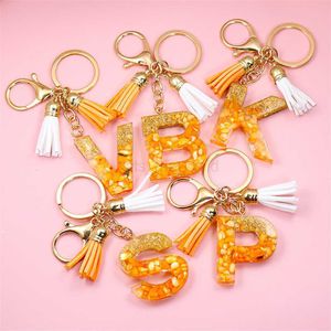 Keychains Lanyards Orange A-Z eerste letter Keychain met dubbele kwast kleurrijke stenen vullinghars Engelse letter sleutelhang kettingtas hangende hanger