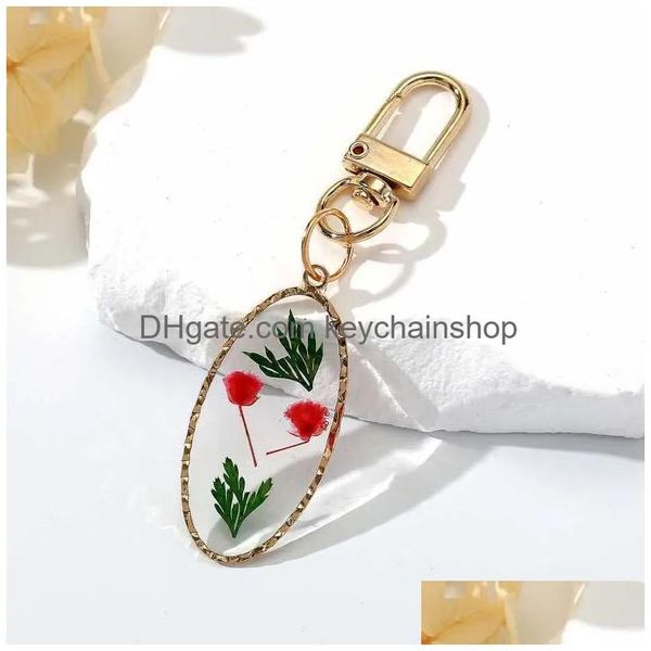 Porte-clés Longes Ovale Pressé Véritable Fleur Séchée Daisy Pendentif Porte-clés En Métal Plaqué Anneau Rotatif Bijoux R231003 Drop Deliv Dhtri