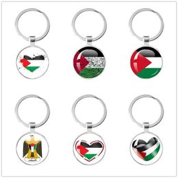 Keychains Lonyards Modèle d'art personnalisé de l'emblème de drapeau palestinien Emblem 25 mm Verre Capocan Keychain Keyring Womens Bijoux Gift Y240510