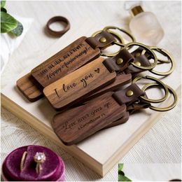 Porte-clés Lanyards Porte-clés en cuir personnalisé Pendentif Hêtre Bois Sculpture Lage Décoration Porte-clés DIY Thanksgiving Fête des Pères Dhxok