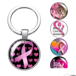 Porte-clés Longes Ruban Rose Sensibilisation Au Cancer Du Sein Verre Cabochon Porte-clés Sac De Voiture Porte-clés Titulaire Charmes Sier Plaqué Chaînes Wo Dhzfn