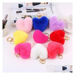 Keychains Lanyards POM Keychain Pompom Key Chain Heart Ball Fluffy Faux Rabbit Fur Keyring Ring Women Bag Charms Fashion Accessori DHF19