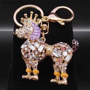 Keychains Lanyards Poodle chien Key Chain Rhingestone Metal Gold Color Puppy Key Ring Holder Sac Accessoires Bijoux Llaveros Para Mujer Lujo K9050S01 Y240417