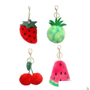 Llaveros Lanyards Pu Cuero Fruta Stberry Sandía Felpa Llavero Colgante Bolsa Llavero Decorativo Accesorios de Moda Llavero Dhjdt