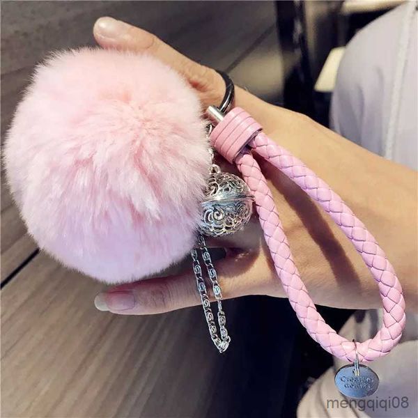 Keychains Lonyards Real Fur Keychain Ball en cuir support en cuir porte-clés charme des femmes sacs de voiture pendentif bijoux accessoires de bijoux r231103