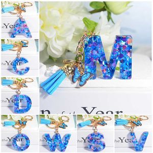 Keychains Lanyards Hars Blue Love Letter Keychain Handmade Crystal Lijm Drop Butterfly Tassel Accessoires Keyring Dames hanger ornamenten geschenk