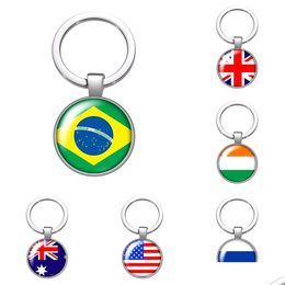 Sleutelhangers Lanyards Russische Frankrijk Duitsland Vlag Glas Cabochon Sleutelhanger Tas Auto Sleutelhanger Ring Houder Charms Sier Voor Mannen Geschenken Drop Dh8Od