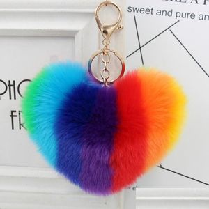 Llaveros Lanyards Simation Fur Heart Pom-Pom Llavero Love Fuzzy Bag Monedero Charm Ring Fluffy Ball Lovely Valentines Llavero Fob Fas Dhzia