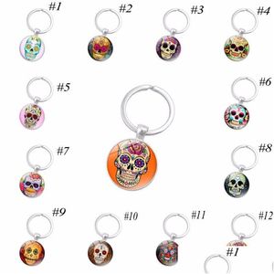 Llaveros Lanyards Skeleton Time Gem Cabochon Llavero Sugar Candy Skl Head Llaveros Patrón Anillo Joyería de moda Regalos Drop Deli Dhmqy