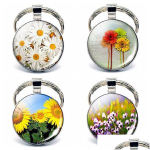 Porte-clés Longes Petites Marguerites Oeillets Tournesols Photo Verre Cabochon Porte-clés Fleurs Fête Des Mères Cadeau Drop Delivery Fashio Dhktb