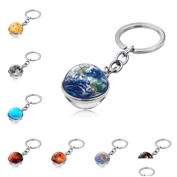 Llaveros Lanyards Sistema solar Bola de cristal de doble cara Llavero Colgante Luna Tierra Marte Llavero Bolsa de coche Decoración Metal Keyrin Dhmdd