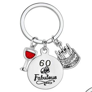 Porte-clés Longes En Acier Inoxydable Porte-clés Creative Numéro 60 Gâteau Verre À Vin Pendentif Fête D'anniversaire Cadeau Porte-clés Drop Delivery Dhnvp