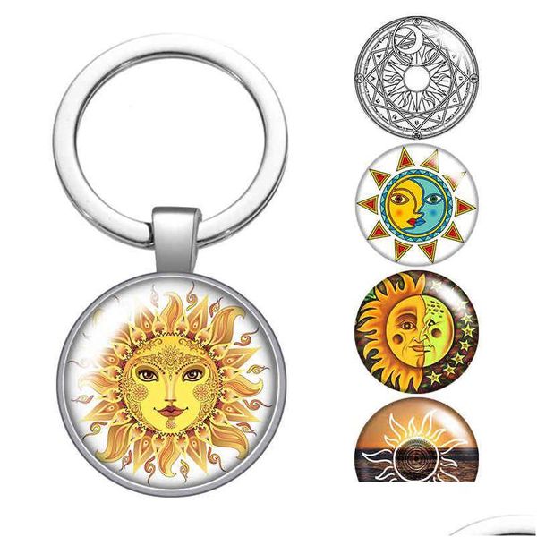 Llaveros Lanyards Sun Moon Stars Beauty Glass Cabochon Llavero Bolsa Coche Llavero Anillo Titular Encantos Sier Color Hombres Mujeres Regalos Dro Dho8I