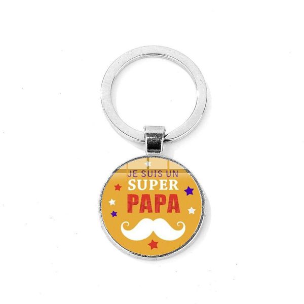 Keychains Lanyards Super Papa Mens Keychain pour les pères Gift Best Dad Dad Creative Design Glass Cabochon Key Ring Handmade Siem Pla Dhbrm