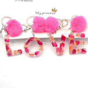 Keychains Lonyards Sweet Sced Sèche résine Keychain Pink Rose Hairball Car Sac Pendante Accessoires Fashion Charme Alphabet Course Course Gift For Women