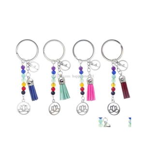 Keychains Lanyards Tassel Lotus 7 Chakra Perles de pierre naturelle Reiki Key Chain Ring Keches For Men Women Family Kids Kids Gift Keychai Dhhjk