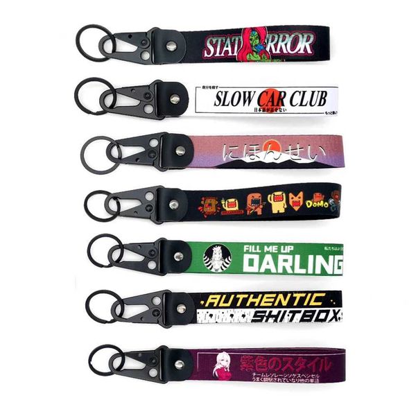 Porte-clés Longes Le dernier style JDM porte-clés de voiture en nylon slogan clé étiquette cadeau suspendu corde porte-clés automatique porte-clés en acier ressort clip clé ceinture japonais anime gir