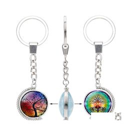 Keychains Lanyards Tree of Life dubbelzijds roteerbare glazen cabochon tijd edelsteen sleutelketen sier metalen ringen sieraden accessoires i otrjy