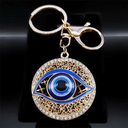 Keychains Lanyards Turkije Eye Key Ring For Men Women Gold Color Alloy Rhinestone Evil Blue Eye Bag Accessoires Keychain Sieraden Llaveros K5248S01 Y240417
