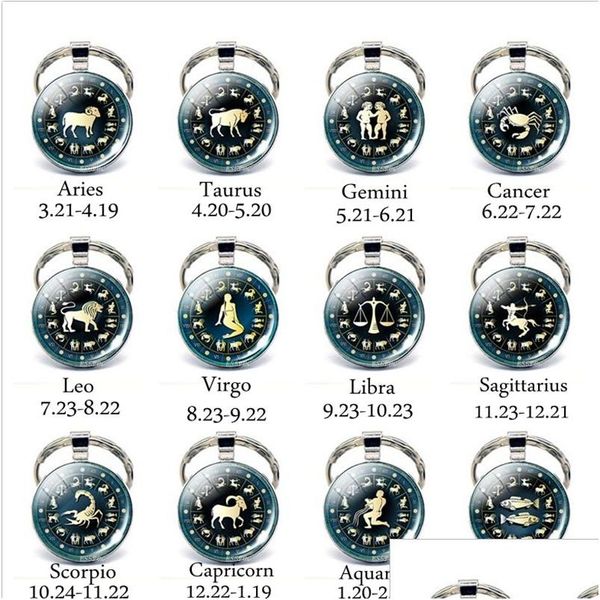 Porte-clés Longes Vintage 12 Constellation Cabochon En Verre Porte-clés En Métal Bijoux Du Zodiaque À La Main Cadeau D'anniversaire Pour Hommes Femmes Drop D Dhqxr