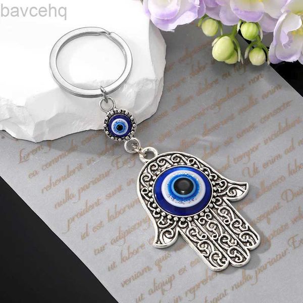 Keychins Lanyards Vintage Blue Evil Ojal Hamsa Hand Keychain Keyring for Women Men Metal Round Turkish Eye Fatima Bag Bag Car Best Gift Jewelry D240417